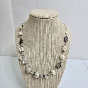 Treska Beaded Necklace White Silver Tone Faux Pearl Glass 18 Inch Chunky